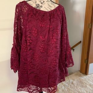 Catherines burgundy 3x blouse with lace overlay Butterfly long sleeve Beautiful